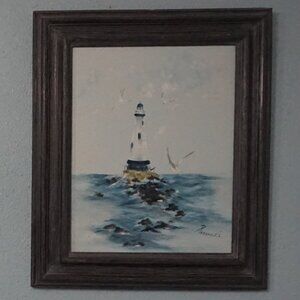 Sea Scape on framed canvas 11x 14 Lighthouse Sailboat By Perucci